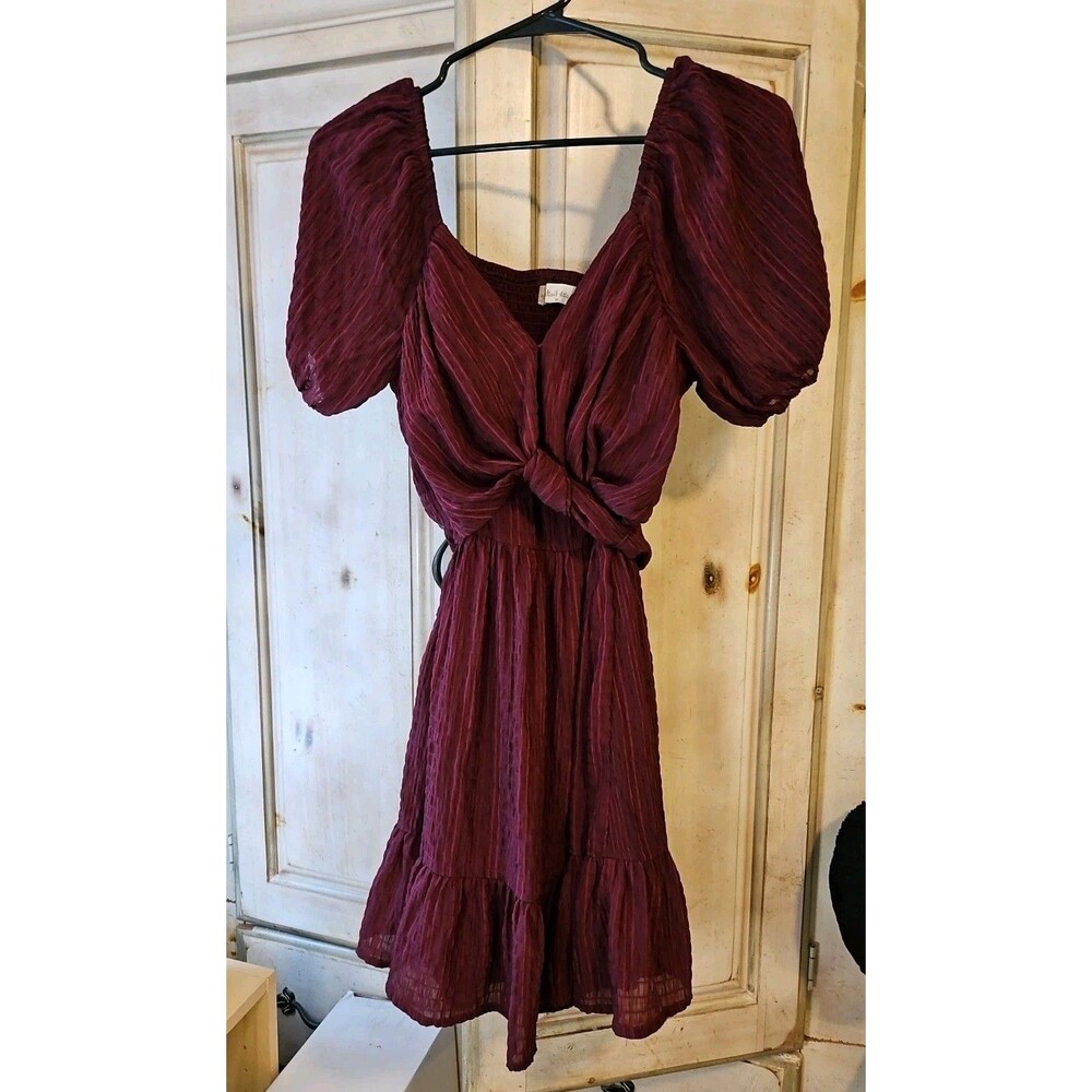 Altar'd State Burgundy Mini Dress, Sz M, Puffed Sleeves, Tie Back, Ruffle Hem